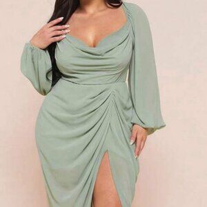 Sage Green Ruched Asymmetrical Hem Slit Long Sleeve Dress